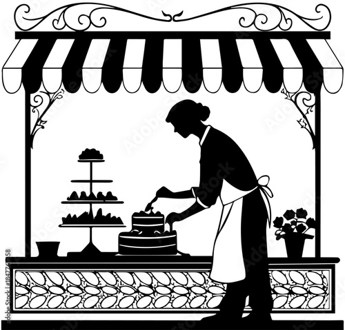 Bakery Storefront with Cake Decorator – Black and White Culinary Vector