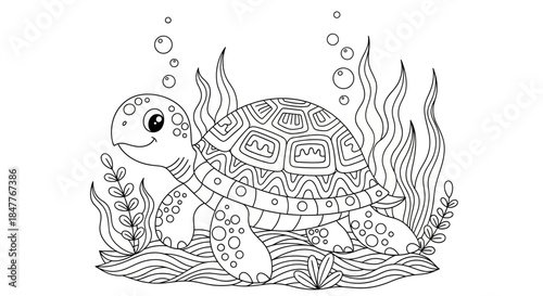 Playful turtle swimming among seaweed and bubbles in a vibrant underwater scene