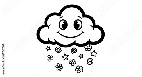 A cheerful cartoon cloud with a smiling face raining colorful stars and flowers in a whimsical design