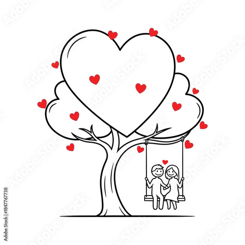 Whimsical Illustration of a Romantic Couple on a Heart-Shaped Tree Swing Adorned with Red Hearts, Symbolizing Love and Romance, Perfect for Valentine s Day or Anniversary Cards and Gifts
