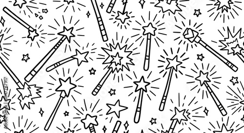 A whimsical pattern of magic wands and stars creating a playful and enchanting atmosphere