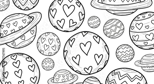 Whimsical Space Scene Featuring Planets with Heart Patterns and Unique Designs in a Playful Layout