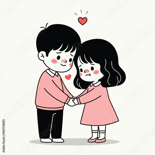 Cute Couple Holding Hands - Adorable Cartoon Illustration of a Young Boy and Girl in Pink Outfits with a Floating Red Heart Symbolizing Love and Affection