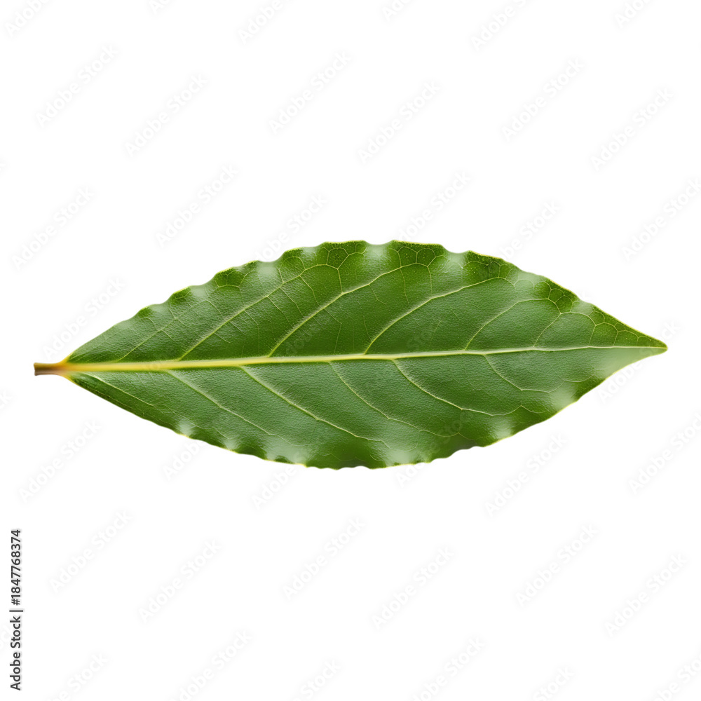 Obraz premium Single green bay leaf with serrated edges on black