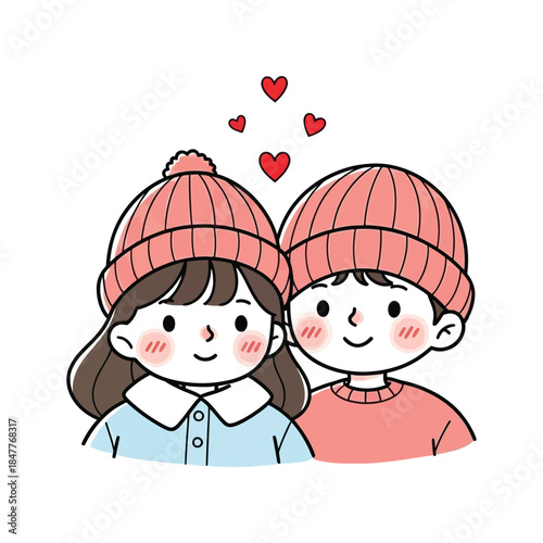 Cute Couple Wearing Matching Pink Beanies, Smiling and Blushing with Hearts, Illustration of Love, Warmth, and Togetherness