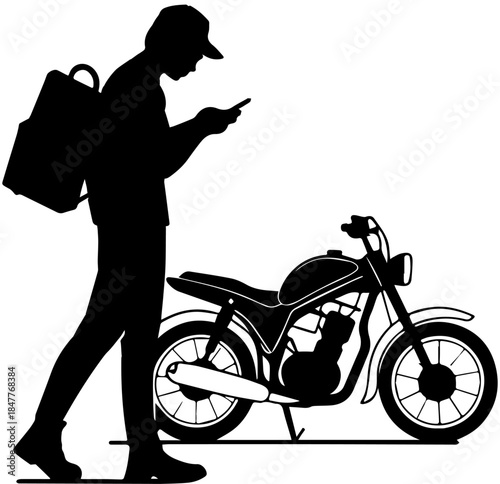 Silhouette of Person with Motorcycle Using Smartphone – Courier and Gig Economy Vector