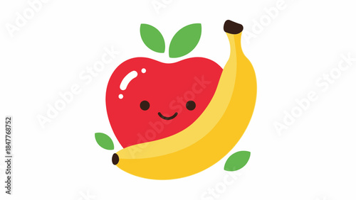 Cute kawaii red apple and yellow banana fruit characters happily smiling together on an isolated white background.