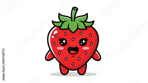 Adorable red strawberry fruit character with a sweet smile and big eyes on an isolated white background.
