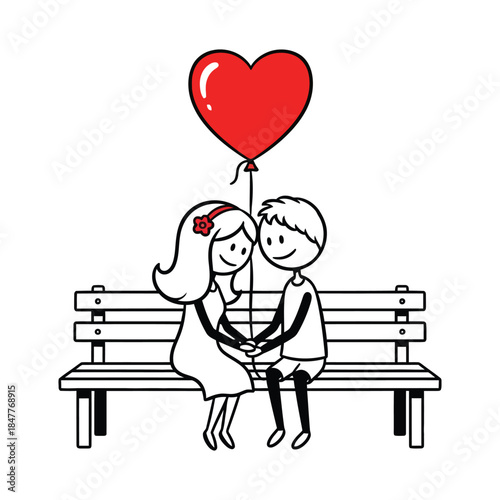 Romantic Couple in Love Sitting on Bench with Heart-Shaped Balloon, Cute Illustration of a Charming Moment, Perfect for Valentine s Day or Anniversary Cards