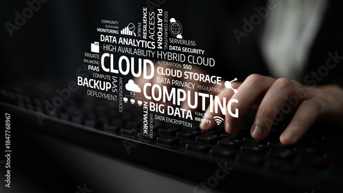 Bild auf Leinwand A close-up view of hands typing on a keyboard with cloud computing terminologies in the background, highlighting concepts like data security, analytics, and storage solutions