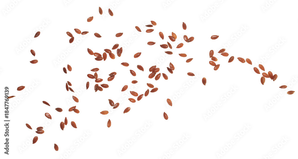 Obraz premium Flaxseed flying, linseed isolated on white background, clipping path, macro