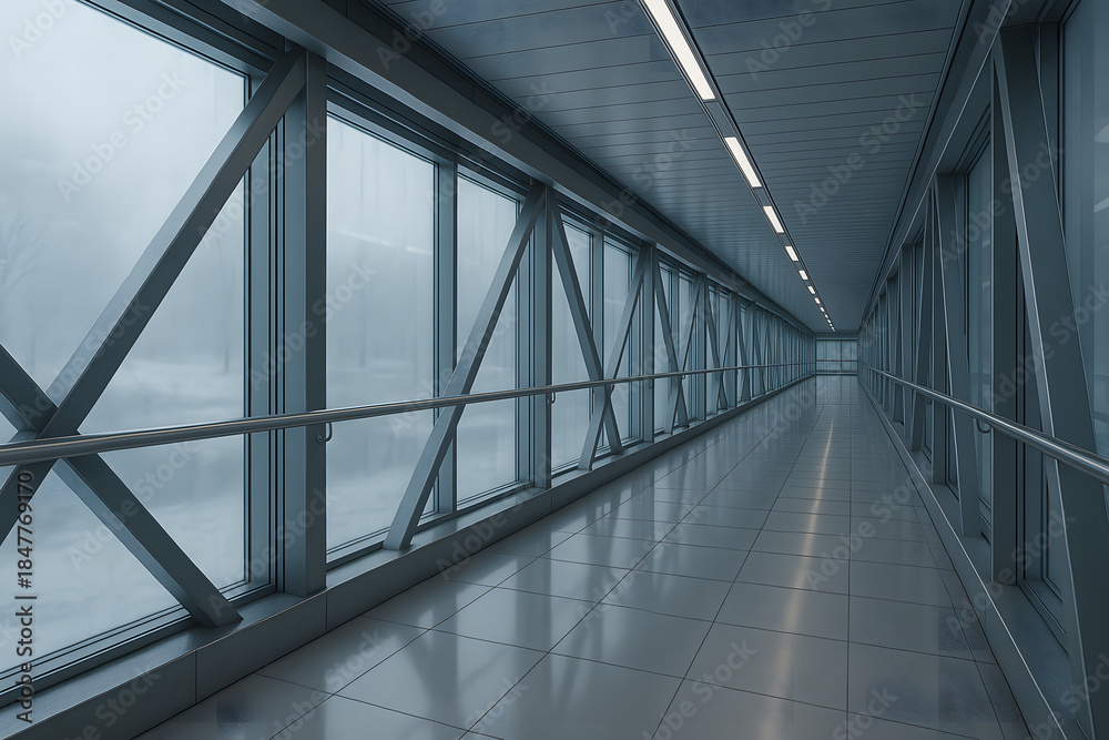 Obraz premium A bright frosty corridor stretches endlessly with steel architecture and winter reflections