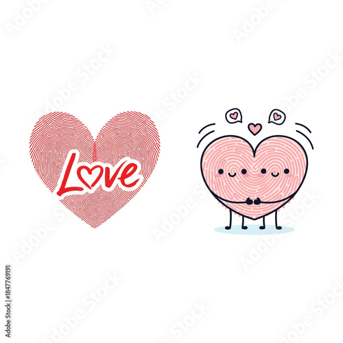 Whimsical Cute Heart Character with Love Text Illustration, Smiling Face, Closed Eyes, Fingerprint Heart, Thought Bubbles, Perfect for Valentine s Day, Love-Themed Designs, and Romantic Greeting Cards