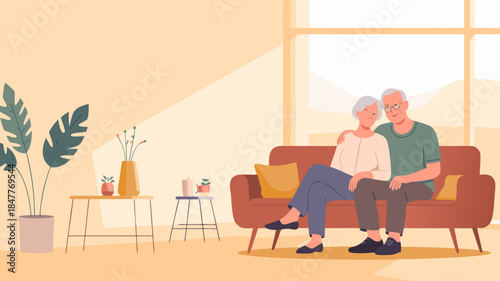 Elderly couple relaxing at home, enjoying cozy living room, happy together