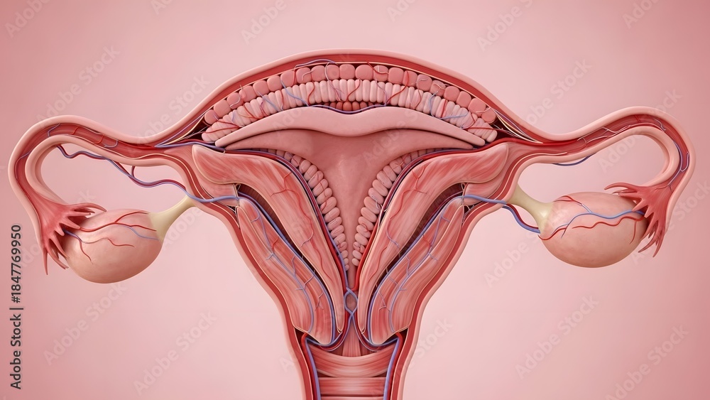 Obraz premium Highly detailed 3D render focusing on the inner layers of the human uterus, highlighting the endometrium and myometrium with visible blood vessels and tissue layers. Soft pink clinical background, rea