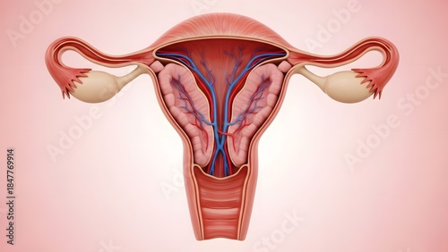 Photorealistic 3D medical illustration of the uterine cavity and internal uterine structures, including endometrial lining, spiral arteries, and surrounding muscular tissue. Clean soft pink background