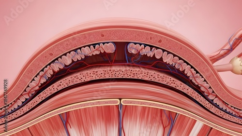 Highly detailed 3D render focusing on the inner layers of the human uterus, highlighting the endometrium and myometrium with visible blood vessels and tissue layers. Soft pink clinical background, rea