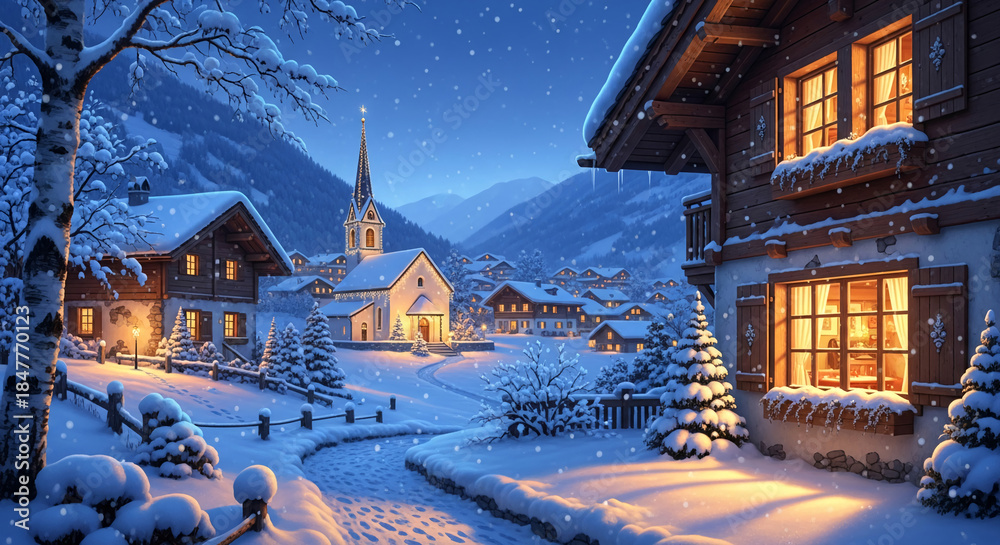 Obraz premium Snowy alpine village with lighted church and wooden building, creating a serene winter atmosphere, representative of peace, holiday season, and idyllic scene