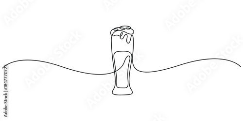 Minimalist, continuous one-line drawing of a glass of beer with foam vector illustration
