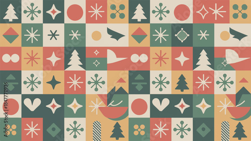 Festive geometric pattern with holiday icons and warm color palette, perfect for Christmas and winter designs