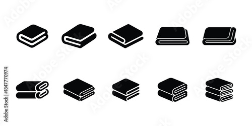 Folded towel and fabric stack icon set , Minimalist textile and linen vector illustrations