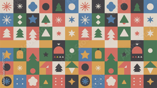 Seamless graphic pattern with festive Scandinavian Christmas motifs, including abstract trees, stars, and snowflakes in a minimalist, modern style, ideal for holiday designs