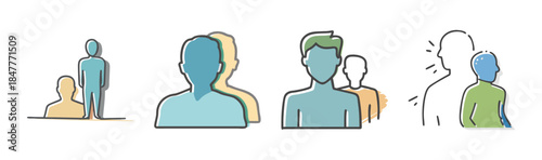 Group dynamics and communication line icons showing human interaction concepts