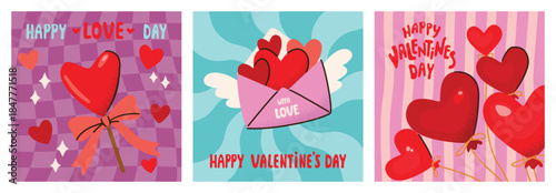 Valentine's Day greeting cards or posters set in vintage style. Backgrounds with radial and vertical stripes and checkered. Heart-shaped balloons, envelope with hearts, lettering. Vector design.