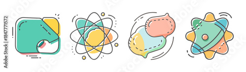 Science, analysis, and communication concepts with atom, document, speech, and cell icons