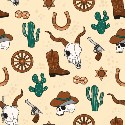 Western-themed seamless pattern with buffalo and human skulls, cowboy hat, boot, sheriff's star, cacti, wagon wheel, dice, horseshoe, gun. Brown, green colors on beige. Print on fabric. Vector design.