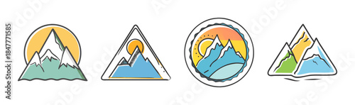 Minimalist mountain and sun icons set with a hand-drawn feel, perfect for nature themes