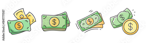 A collection of doodle illustrations depicting various forms of currency, including bills and coins, symbolizing finance and wealth
