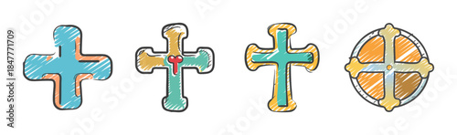 Variety of colorful sketch-style christian crosses and religious symbols illustration