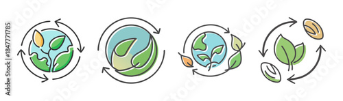 Sustainability and ecological icons: planet earth and natural elements in circular arrows