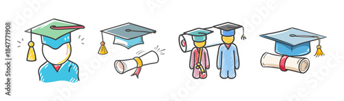 Illustrative collection of graduation caps, diplomas, and graduates symbolizing academic achievement
