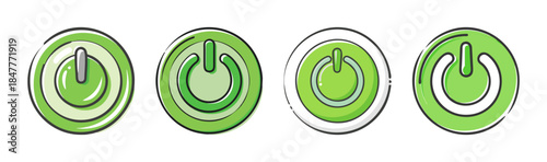Collection of hand-drawn green power buttons with different designs, ready for user interface