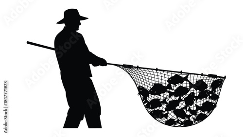 Silhouette of a man catching fish with a net on a isolated on white background