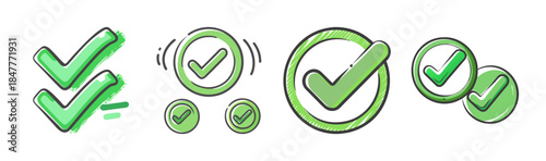 Collection of hand-drawn green check marks and circle icons for digital interfaces