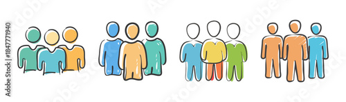 Diverse stylized human figures depicting community, team, and group dynamics in colorful doodle art