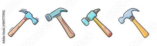 A collection of cartoon hammers with wooden handles, showcasing various styles of this essential tool