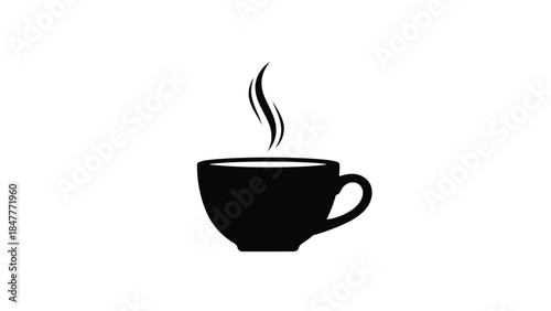 Minimalist black silhouette of a steaming hot coffee cup icon symbol isolated on white background