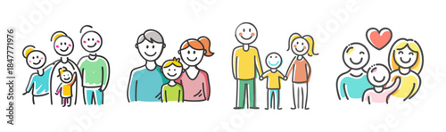 Happy and loving family doodle icon set with smiling parents and child figures