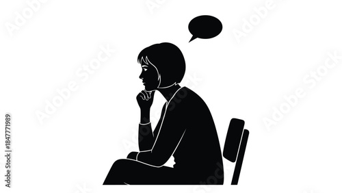 Silhouette of a thinking woman sitting in a chair with a speech bubble isolated on white background