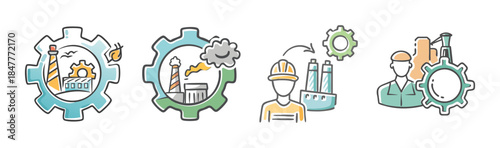 Industrial manufacturing processes, worker roles, and environmental impact concept icons