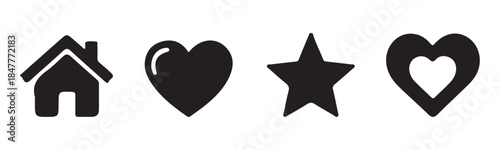 Home, Heart, and Star Icons. Navigation, Favorite, and Rating Symbols Vector Set.
