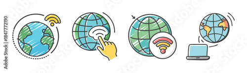 Global internet and wireless communication concepts with sketchy hand-drawn icons