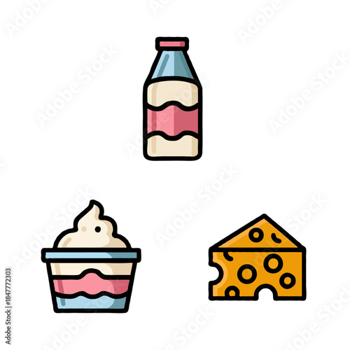 A stylized illustration of a glass milk bottle a cup of whipped cream dessert and a wedge of cheese all isolated on white background