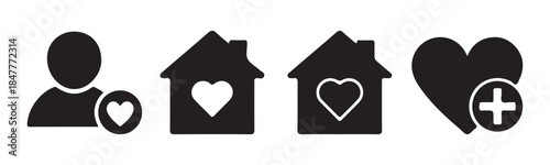 User Profile, Loving Home, and Add Favorite Icons. Vector Glyph Set.
