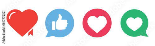 Colorful Social Media Engagement Icons. Heart, Like, Thumbs Up and Love Symbols Vector Set.
