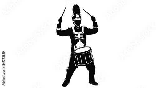 Silhouette of a marching band drummer playing dynamic rhythm with sticks isolated on white background